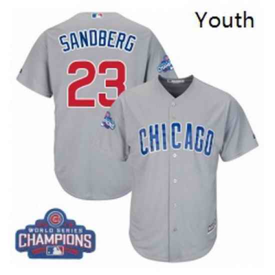 Youth Majestic Chicago Cubs 23 Ryne Sandberg Authentic Grey Road 2016 World Series Champions Cool Base MLB Jersey